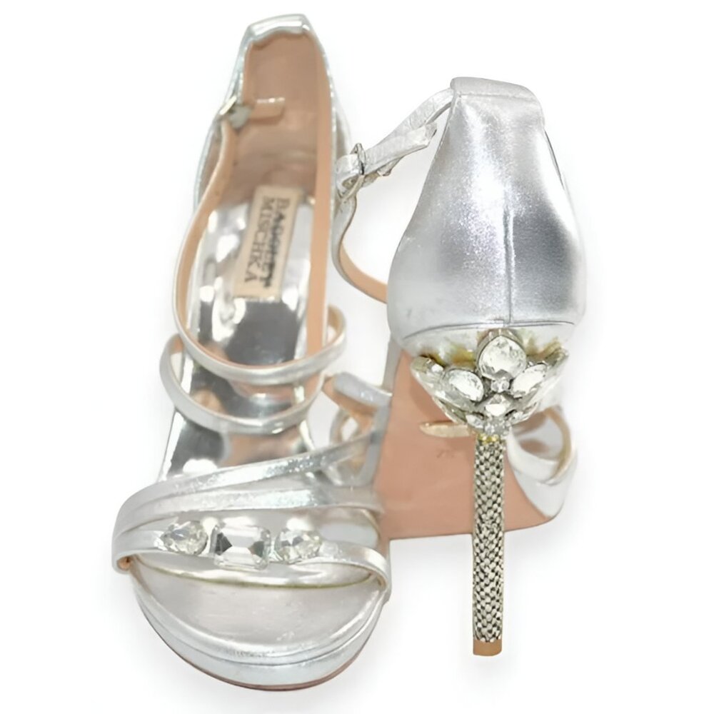 Badgley Mischka Silver Leather Crystal Diamond Open Toe Dress Strappy Heels 7.5 - Picture 7 of 13
